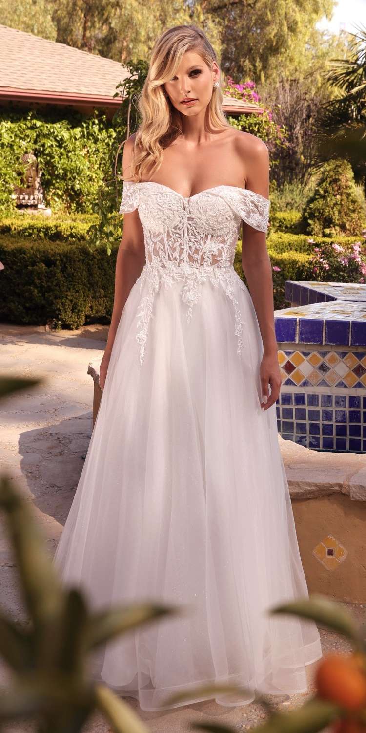 Cinderella Divine CD961W Long Lace Off the Shoulder Bridal Gown