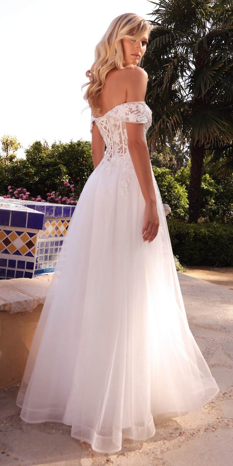 Cinderella Divine CD961W Long Lace Off the Shoulder Bridal Gown