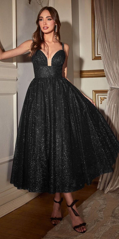 Ladivine CD996T Glitter Flocked Tea Length Dress with Side Pockets
