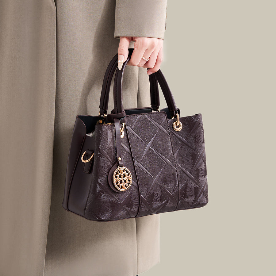 Embossed Pattern Leather Top Handle Handbag