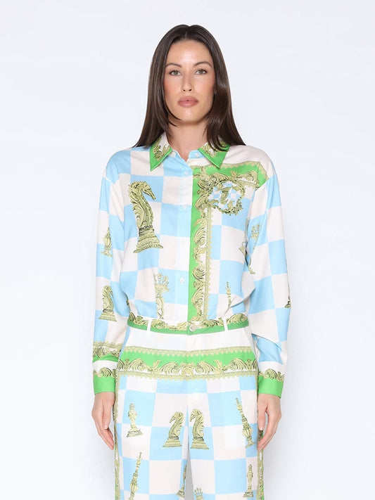Gracia Fashion Women's Checkmate Satin Long Sleeve Button Down Shirt