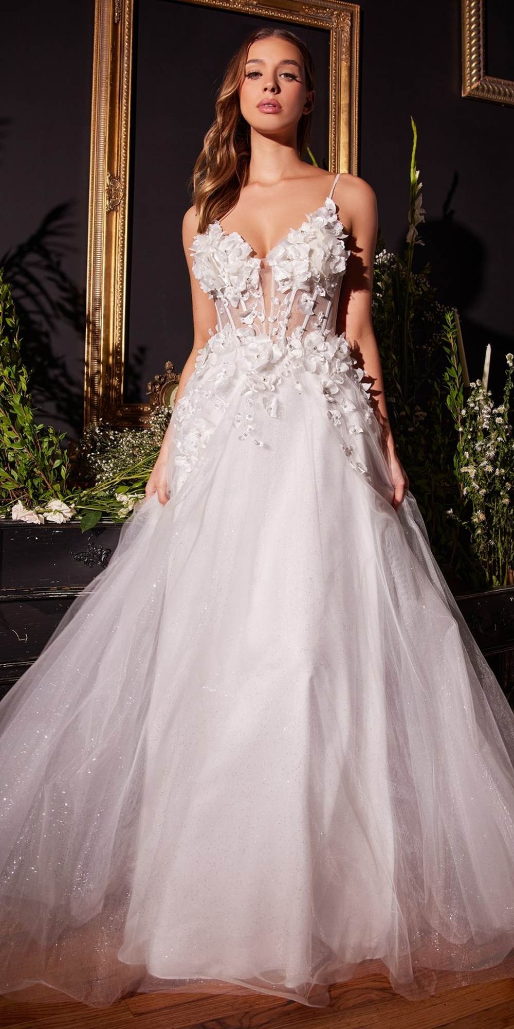 Ladivine CM321W Floor Length Floral Applique A-Line Tulle Bridal Gown