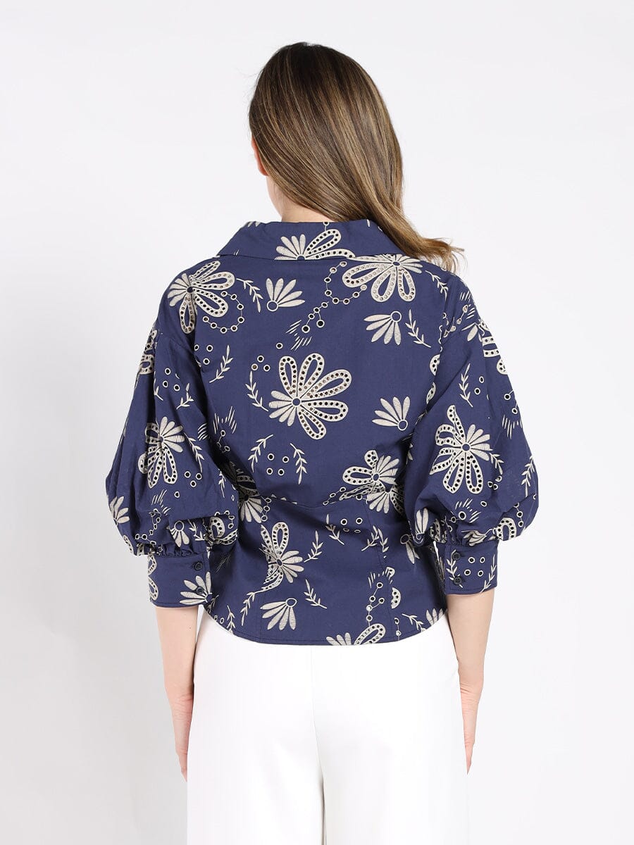 Collared Puff Sleeve Patterned Shirt