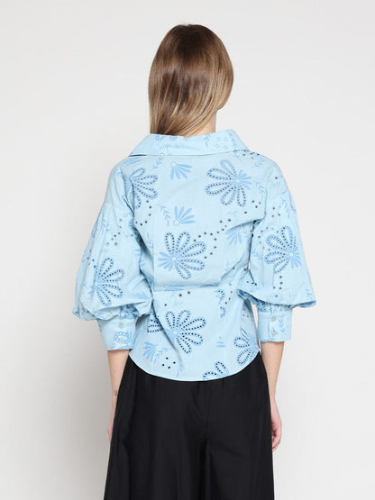 Collared Puff Sleeve Patterned Shirt