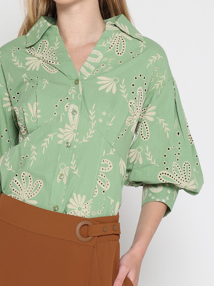 Collared Puff Sleeve Patterned Shirt