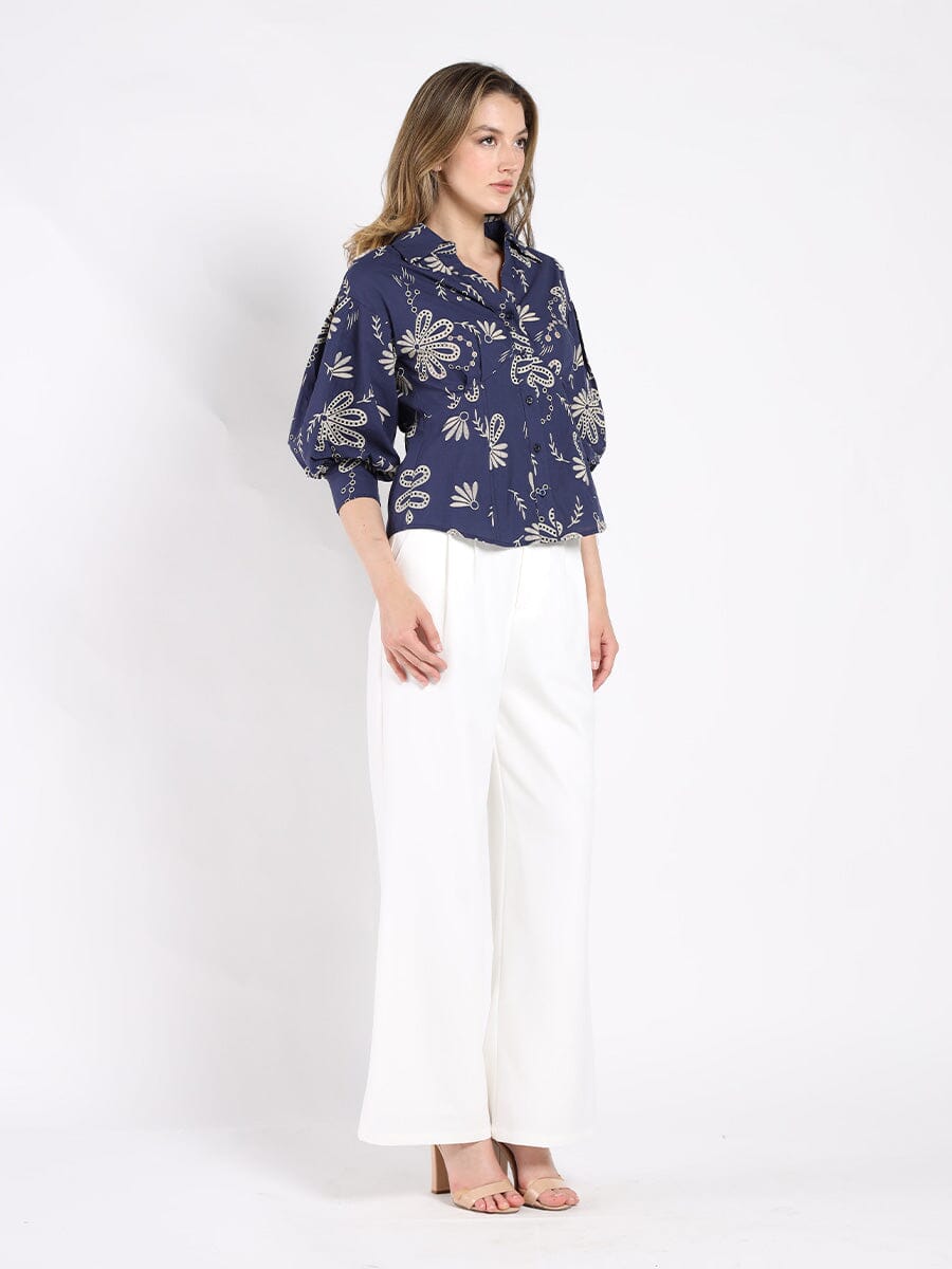 Collared Puff Sleeve Patterned Shirt