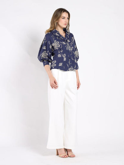 Collared Puff Sleeve Patterned Shirt