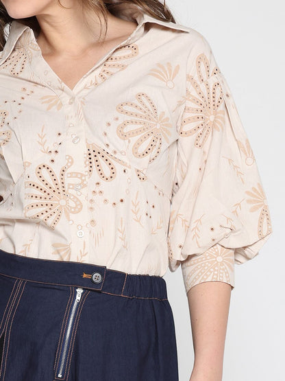 Collared Puff Sleeve Patterned Shirt