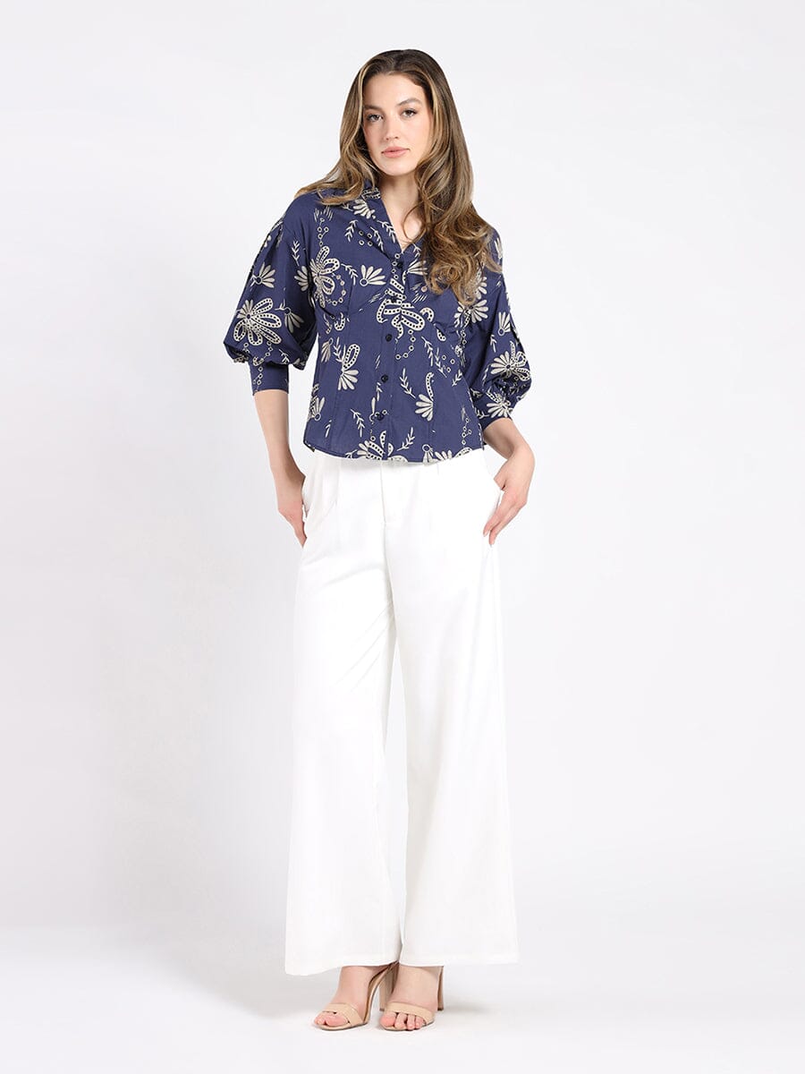 Collared Puff Sleeve Patterned Shirt