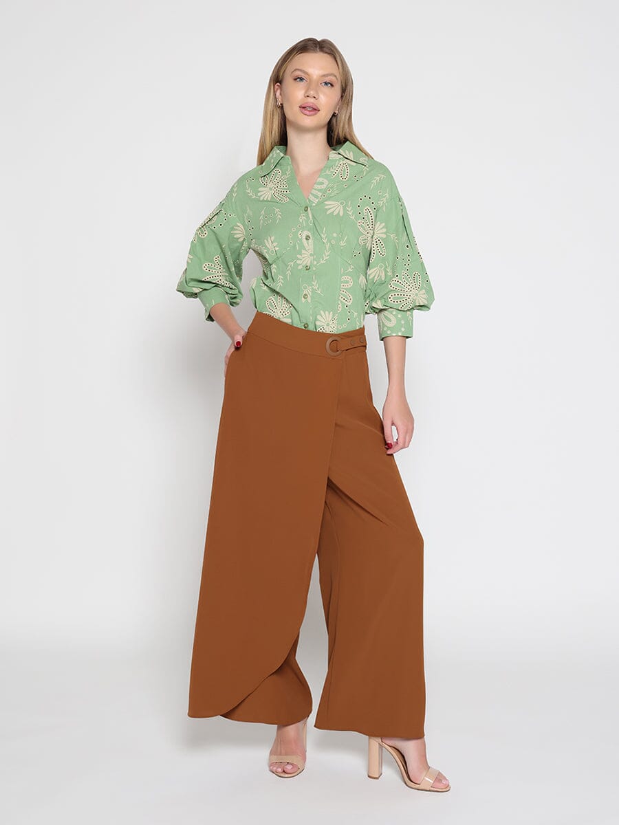 Collared Puff Sleeve Patterned Shirt