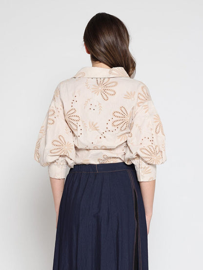 Collared Puff Sleeve Patterned Shirt