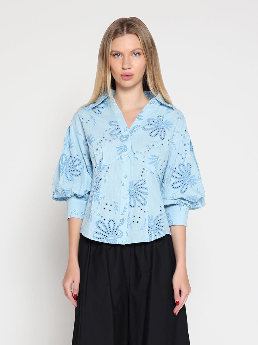 Collared Puff Sleeve Patterned Shirt