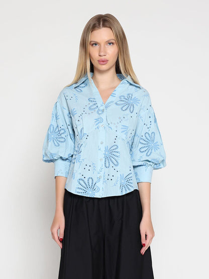 Collared Puff Sleeve Patterned Shirt