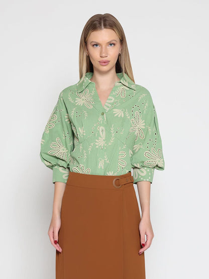 Collared Puff Sleeve Patterned Shirt