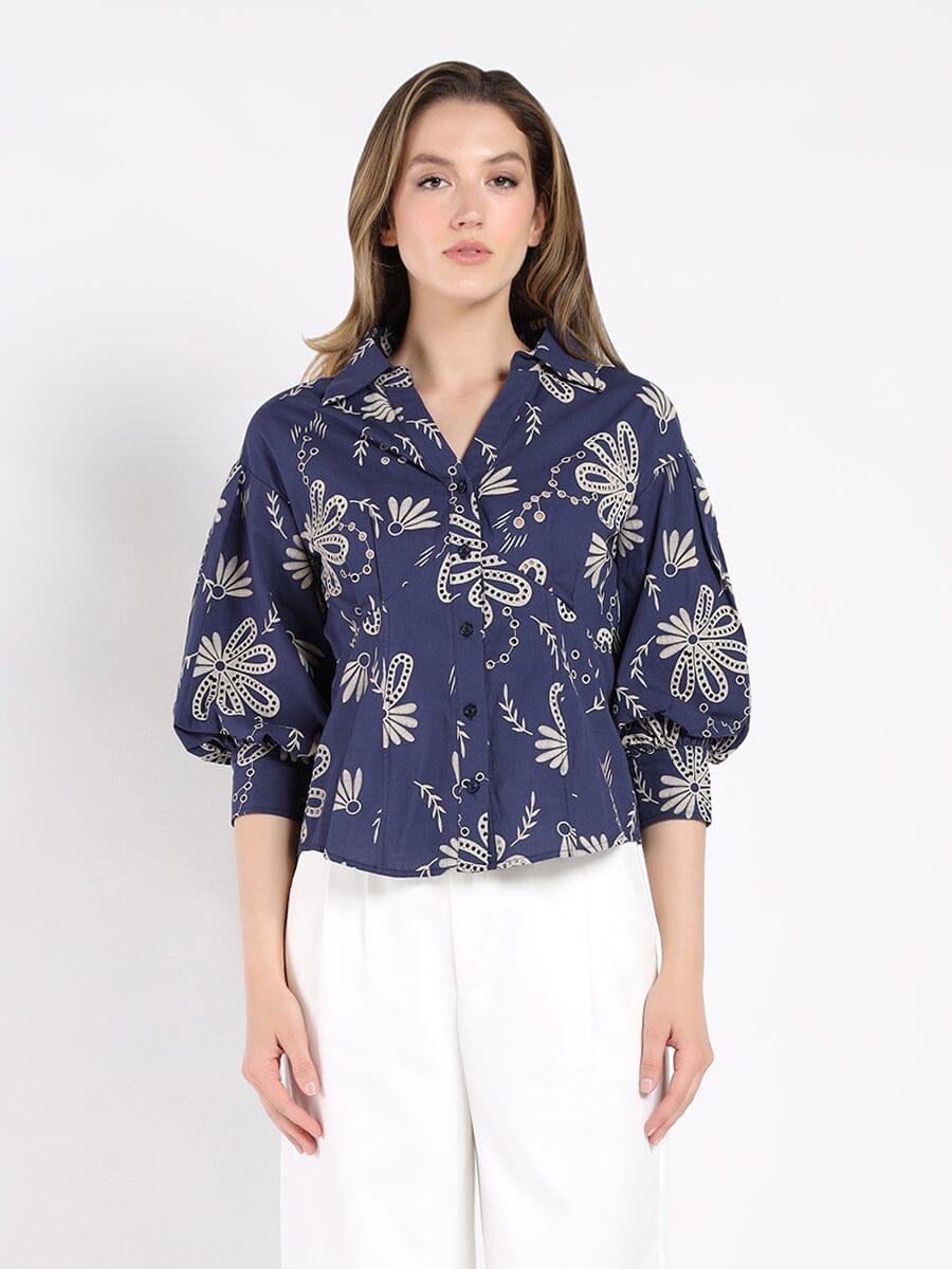 Collared Puff Sleeve Patterned Shirt