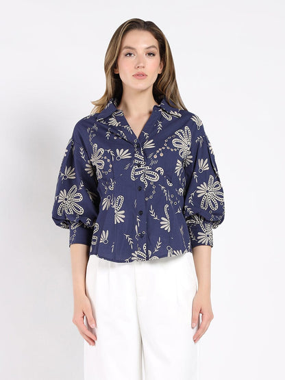 Collared Puff Sleeve Patterned Shirt
