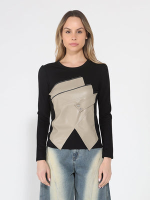 Contrast Color Asymmetrical Detail Long Sleeve Top