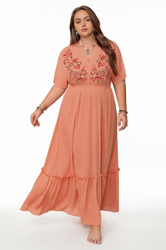 Coral Embroidered Maxi Dress