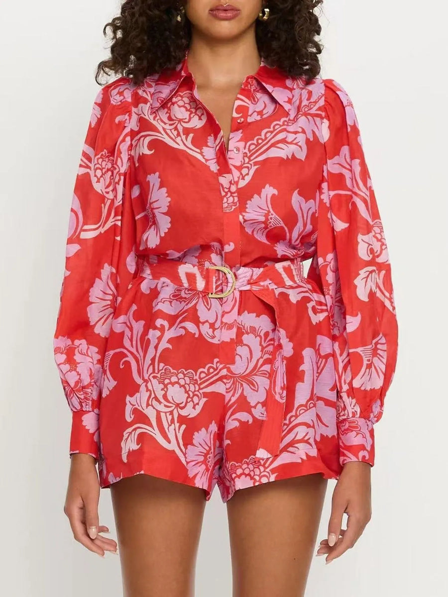 Printed Long Sleeve Belted Romper
