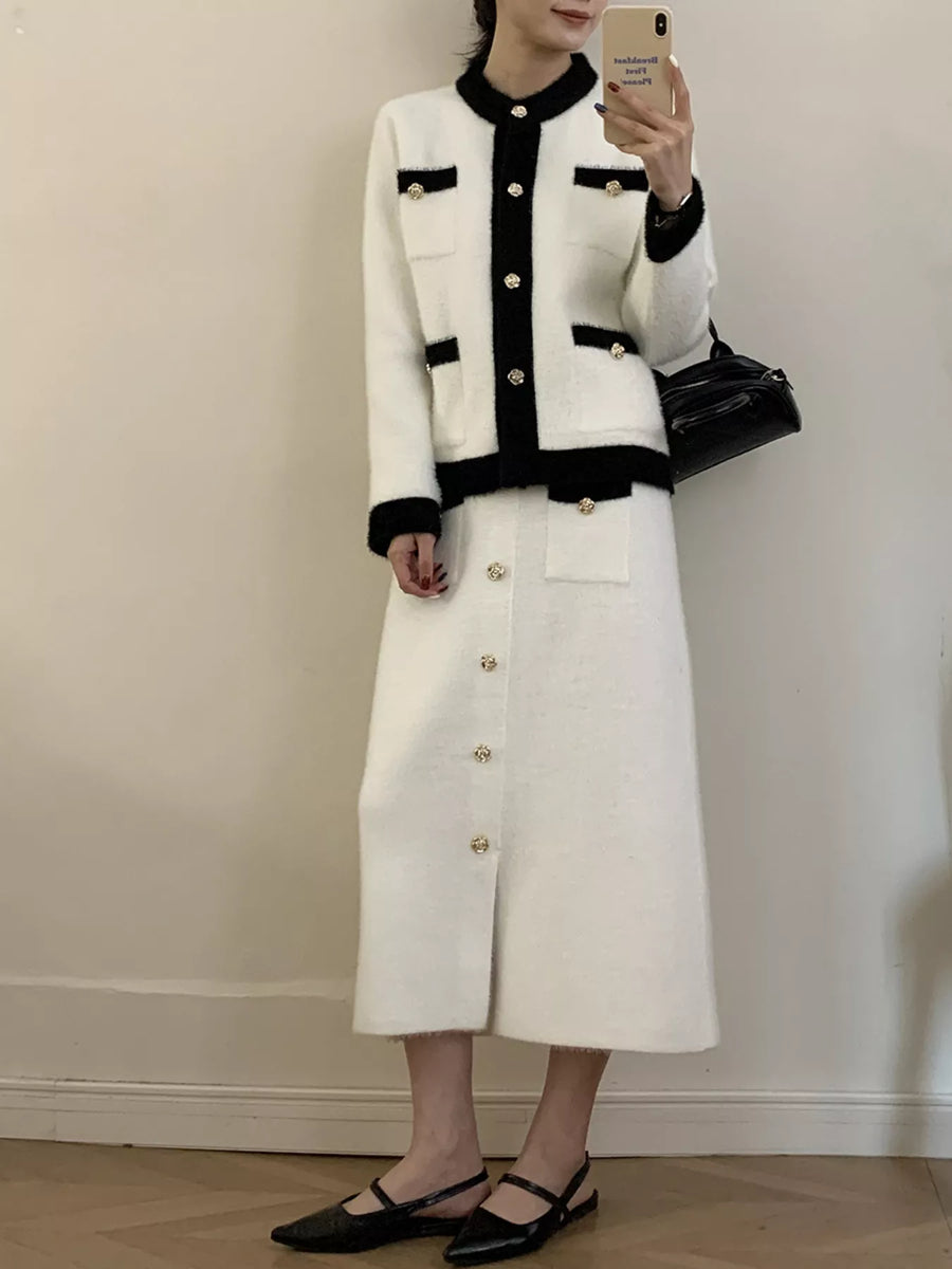 Contrast Trim Jacket and Skirts Sweater Set