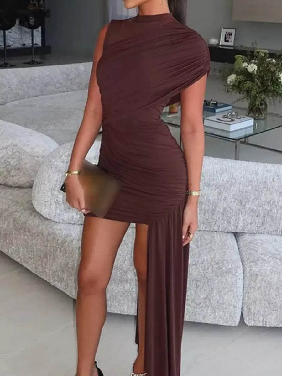 Ruched Asymmetrical Mock Neck Dress