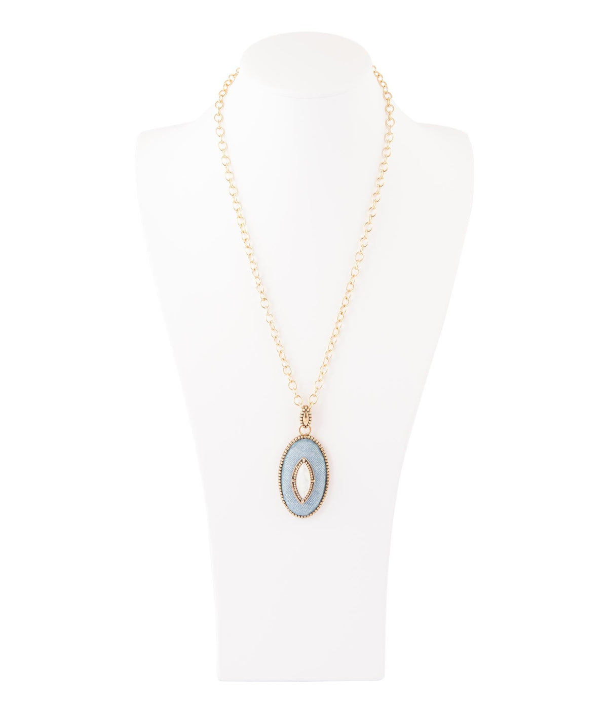 Blue Denim Dreams White Mother of Pearl Golden Pendant Necklace