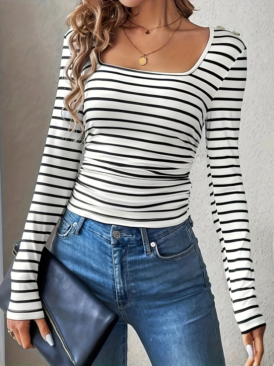 Striped Square Neck Long Sleeve T-Shirt