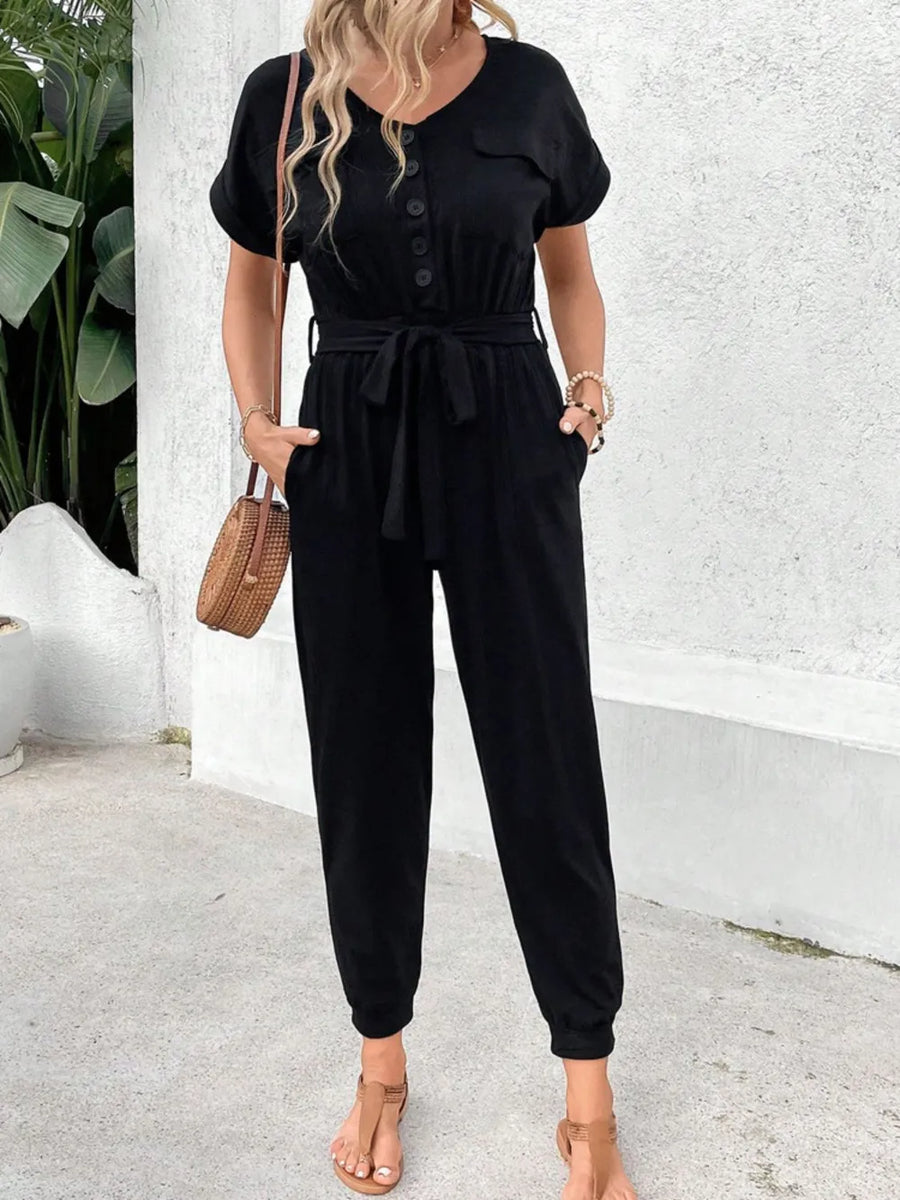 Perfee V-Neck Short Sleeve Jumpsuit