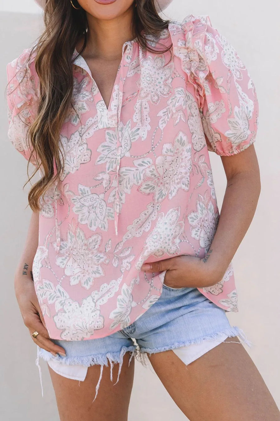 Floral Tie Neck Puff Sleeve Blouse