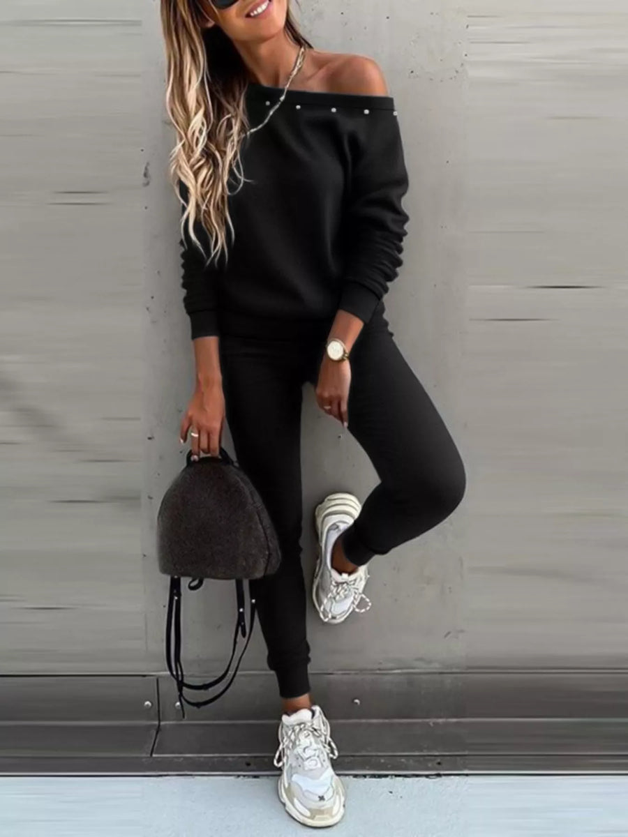 One-Shoulder Pearl Embellished Top and Pants Set