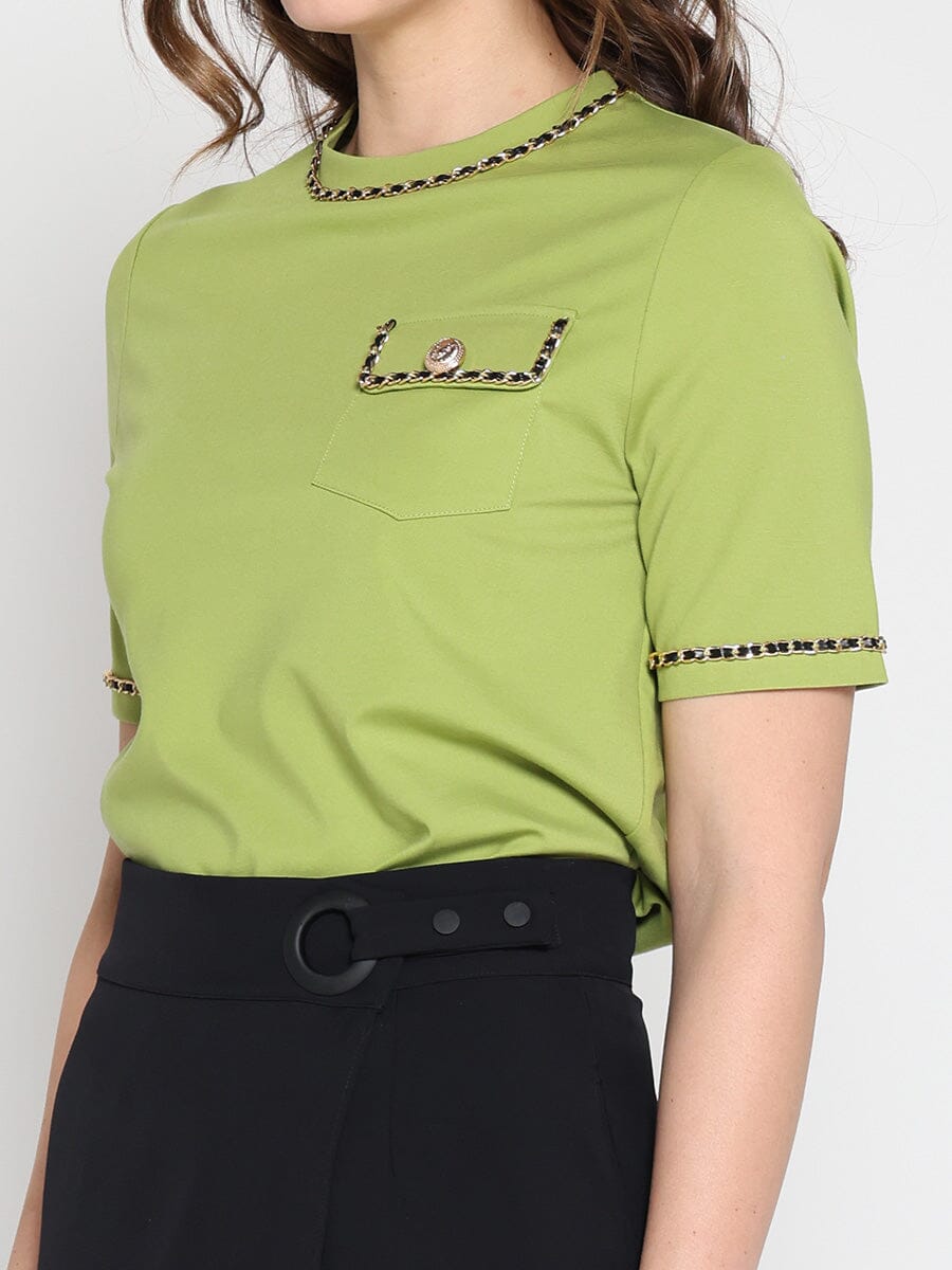 Gracia Fashion Women's Embellished Chain Link Trim Short Sleeve Top