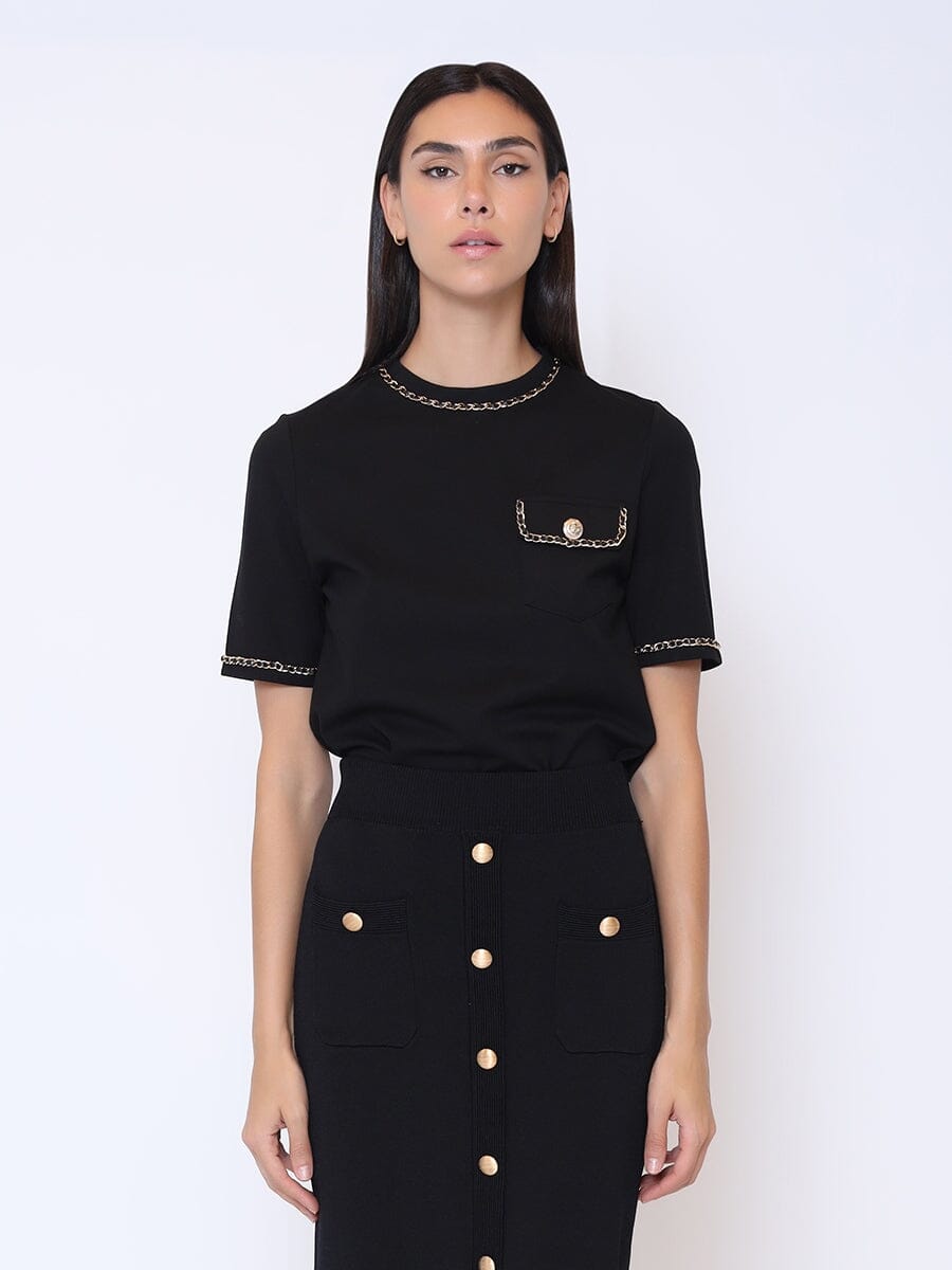 Gracia Fashion Women's Embellished Chain Link Trim Short Sleeve Top