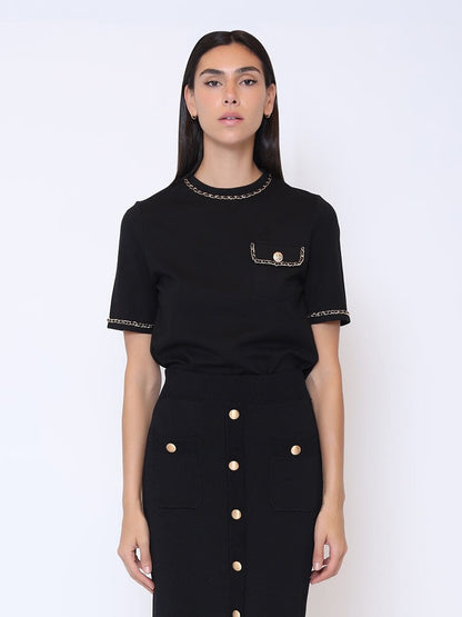 Embellished Chain Link Trim Short Sleeve Top