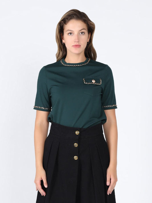 Gracia Fashion Women's Embellished Chain Link Trim Short Sleeve Top