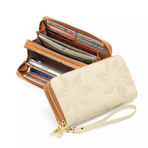 Floral Embossed Leather Zipper Wallet