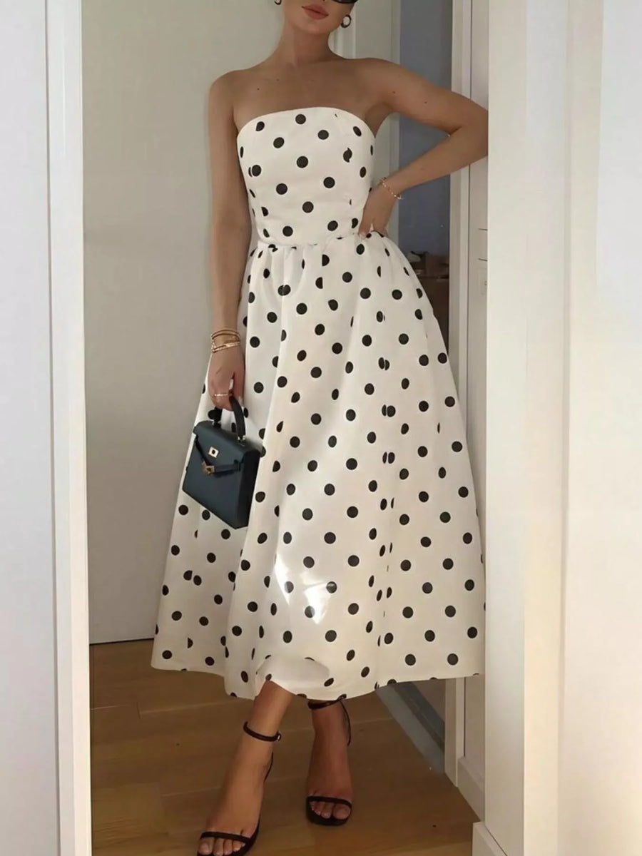 Polka Dot Strapless Midi Dress