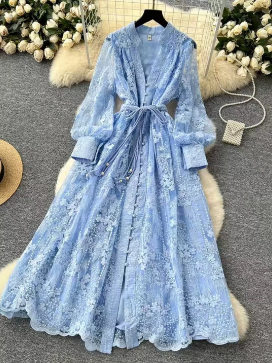 Lace Tie Waist Long Sleeve Dress