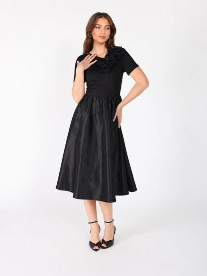 Floral Applique Satin & Cotton Fabric Dress