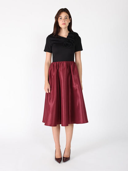 Floral Applique Satin & Cotton Fabric Dress