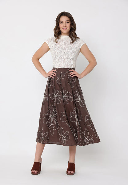 Floral Embroidery Pleated A-Line Skirt
