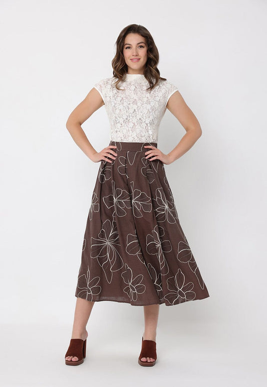 Floral Embroidery Pleated A-Line Skirt