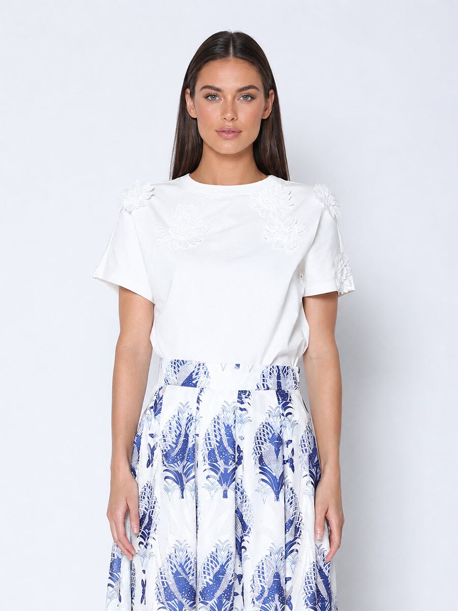 Flower Applique Solid Color T-Shirt