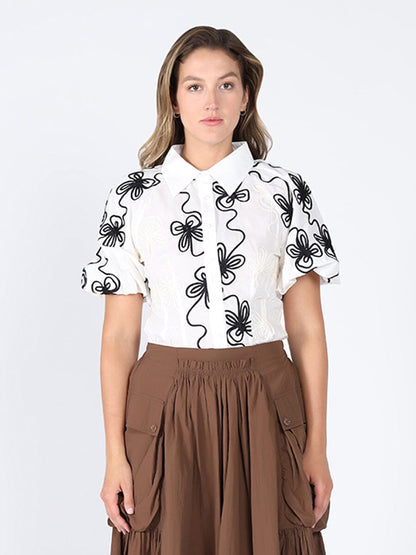 Flower stitch puffed sleeve shirt