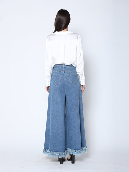 Frayed Raw Hem Wide Leg Slouchy Denim Pants