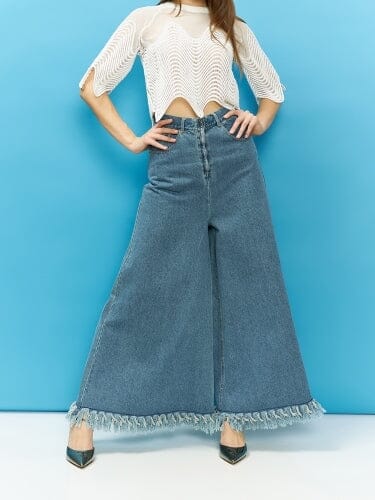 Frayed Raw Hem Wide Leg Slouchy Denim Pants
