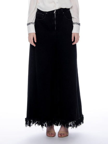 Frayed Raw Hem Wide Leg Slouchy Denim Pants