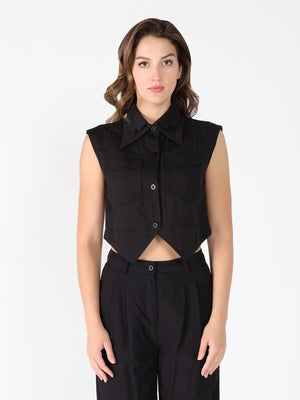Front Button Open-Bottom Hem Sleeveless Top