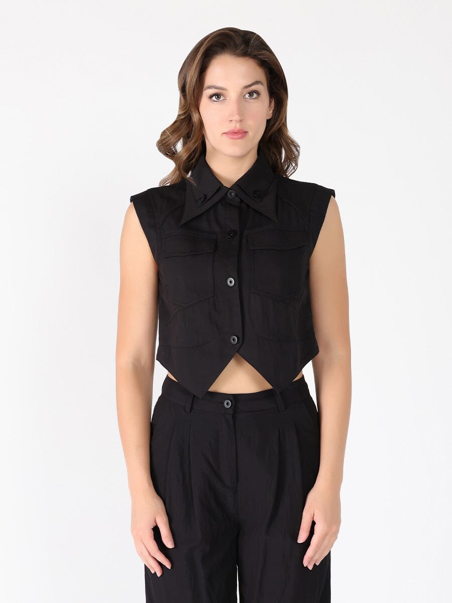 Front Button Open-Bottom Hem Sleeveless Top
