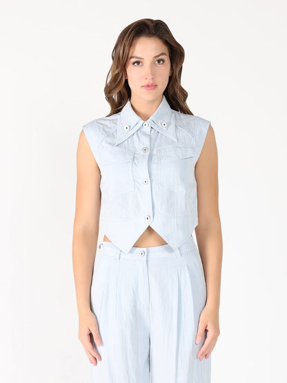 Front Button Open-Bottom Hem Sleeveless Top