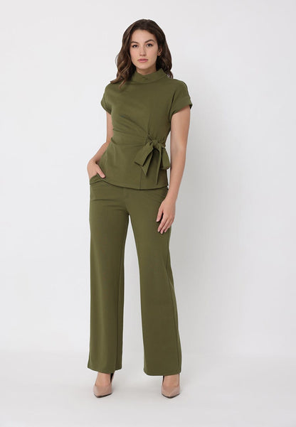 High neck tie detail short sleeve solid top